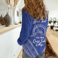 Queen Salote College 100 Years Personalized Women Casual Shirt Tonga QSC Heilala Lei Blue Ngatu Pattern LT14 - Polynesian Pride