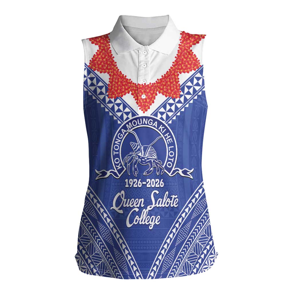 Queen Salote College 100 Years Personalized Women Sleeveless Polo Shirt Tonga QSC Heilala Lei Blue Ngatu Pattern