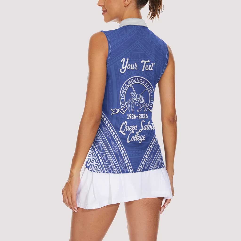 Queen Salote College 100 Years Personalized Women Sleeveless Polo Shirt Tonga QSC Heilala Lei Blue Ngatu Pattern