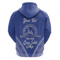 Queen Salote College 100 Years Personalized Zip Hoodie Tonga QSC Heilala Lei Blue Ngatu Pattern LT14 - Polynesian Pride