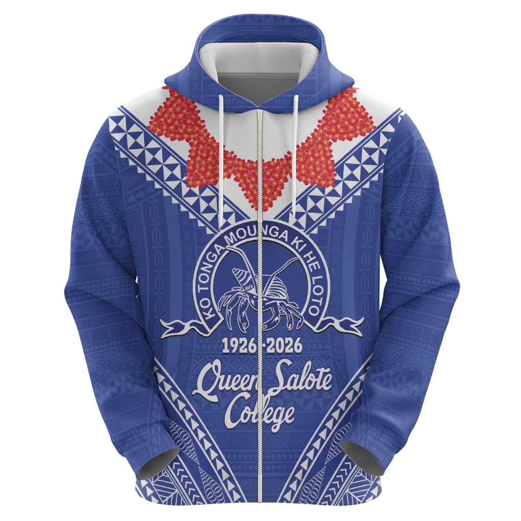 Queen Salote College 100 Years Personalized Zip Hoodie Tonga QSC Heilala Lei Blue Ngatu Pattern LT14 - Polynesian Pride