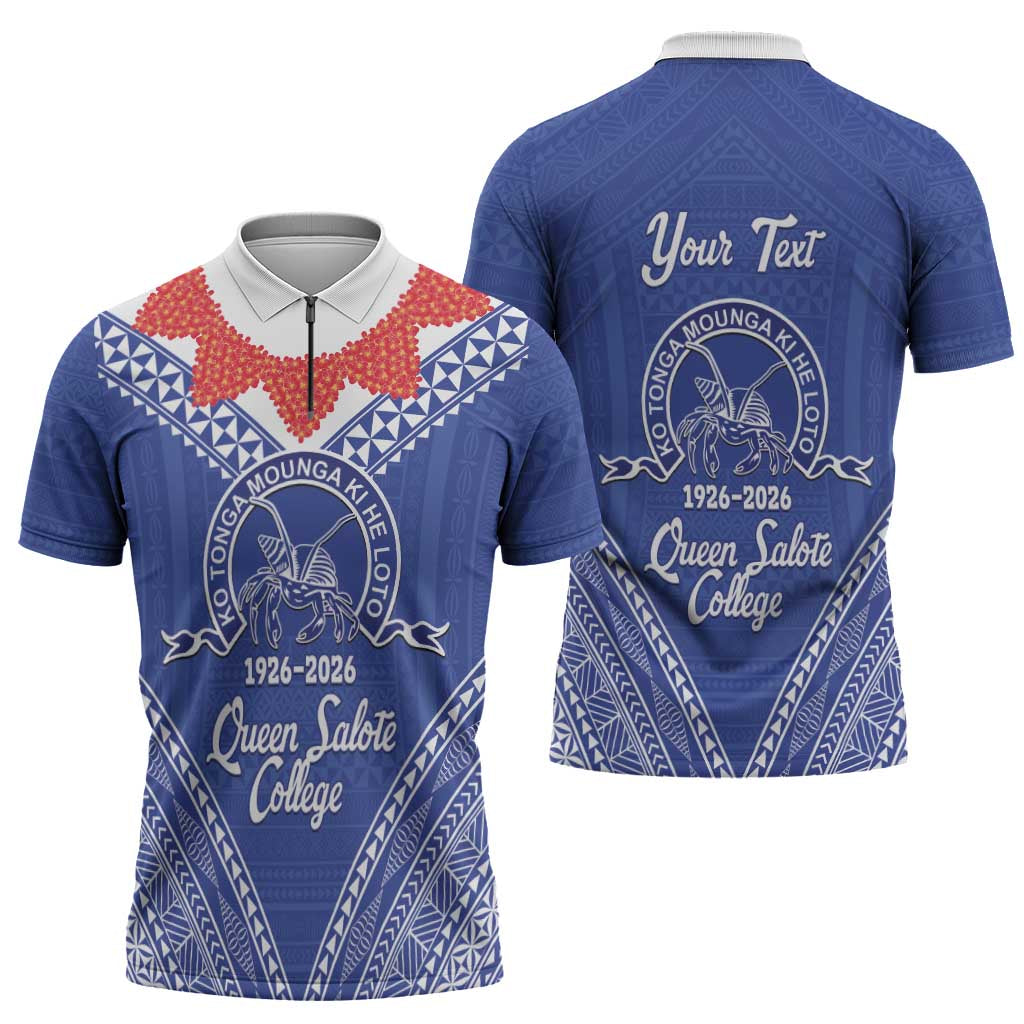 Queen Salote College 100 Years Personalized Zipper Polo Shirt Tonga QSC Heilala Lei Blue Ngatu Pattern