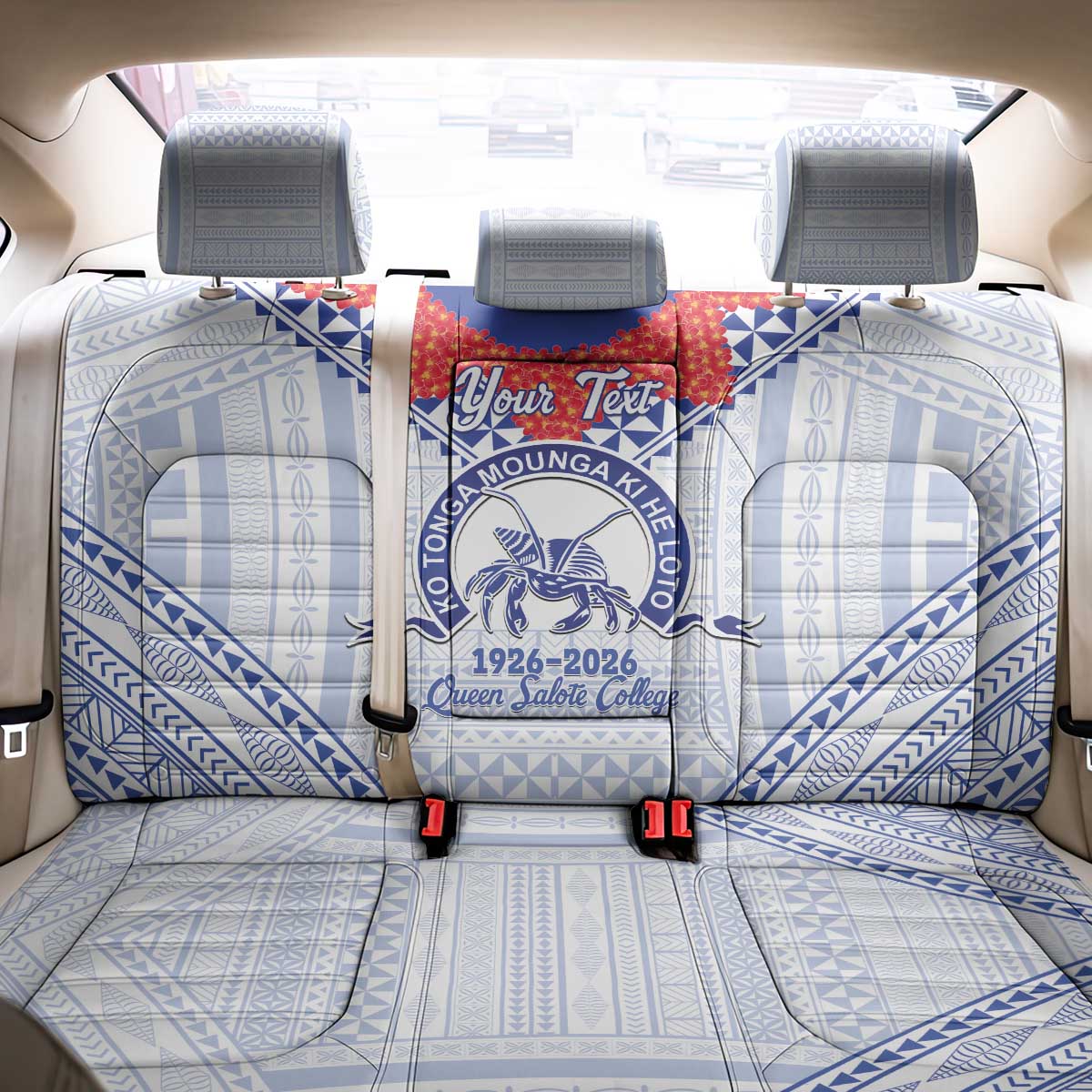Queen Salote College 100 Years Personalized Back Car Seat Cover Tonga QSC Heilala Lei White Ngatu Pattern LT14 - Polynesian Pride