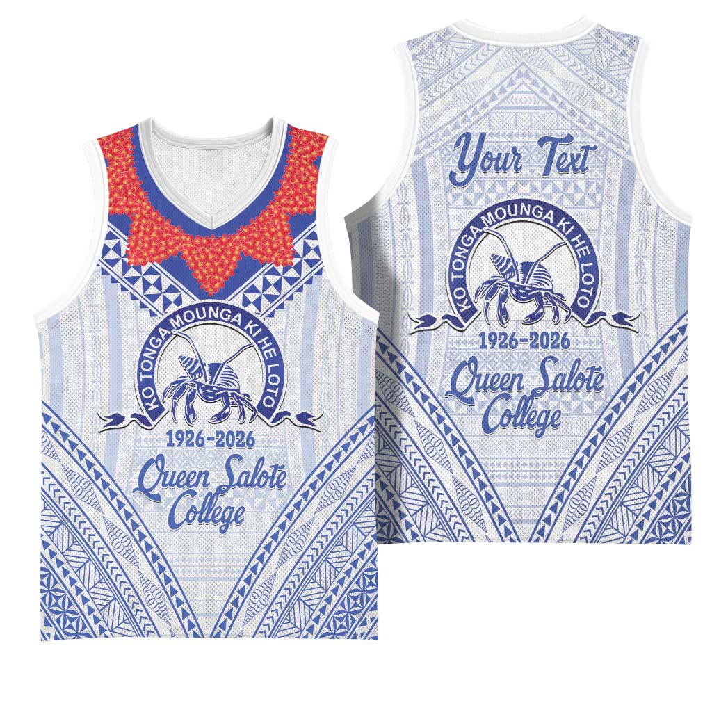 Queen Salote College 100 Years Personalized Basketball Jersey Tonga QSC Heilala Lei White Ngatu Pattern LT14 - Polynesian Pride