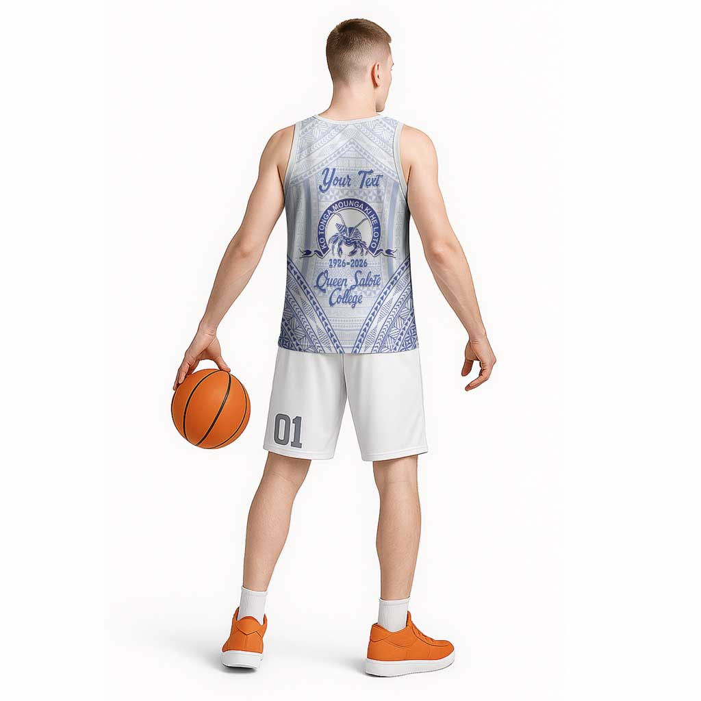 Queen Salote College 100 Years Personalized Basketball Jersey Tonga QSC Heilala Lei White Ngatu Pattern LT14 - Polynesian Pride