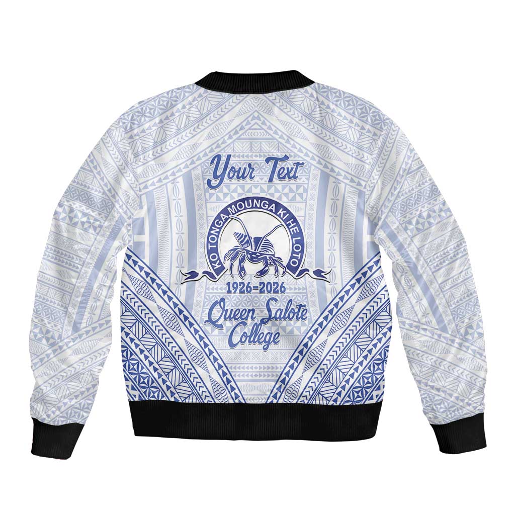Queen Salote College 100 Years Personalized Bomber Jacket Tonga QSC Heilala Lei White Ngatu Pattern