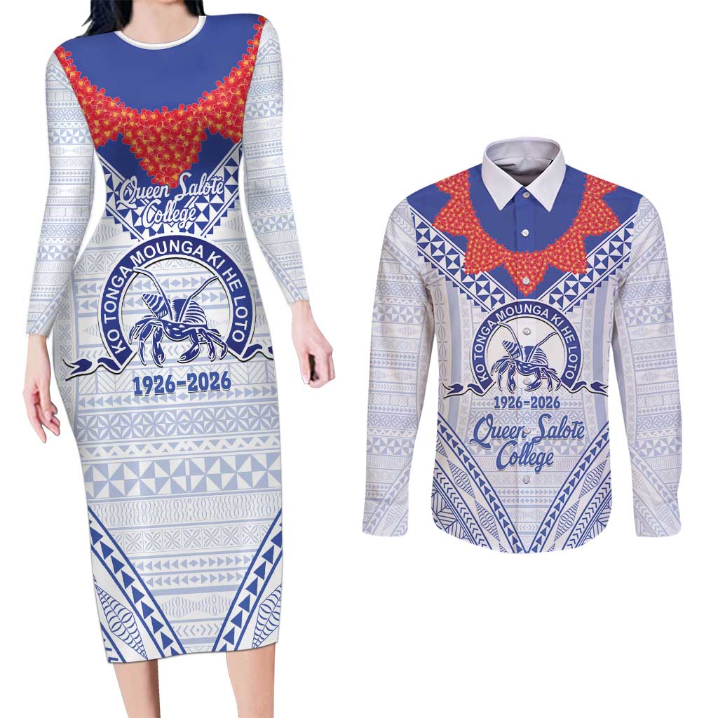 Queen Salote College 100 Years Personalized Couples Matching Long Sleeve Bodycon Dress and Long Sleeve Button Shirt Tonga QSC Heilala Lei White Ngatu Pattern