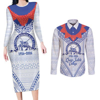 Queen Salote College 100 Years Personalized Couples Matching Long Sleeve Bodycon Dress and Long Sleeve Button Shirt Tonga QSC Heilala Lei White Ngatu Pattern