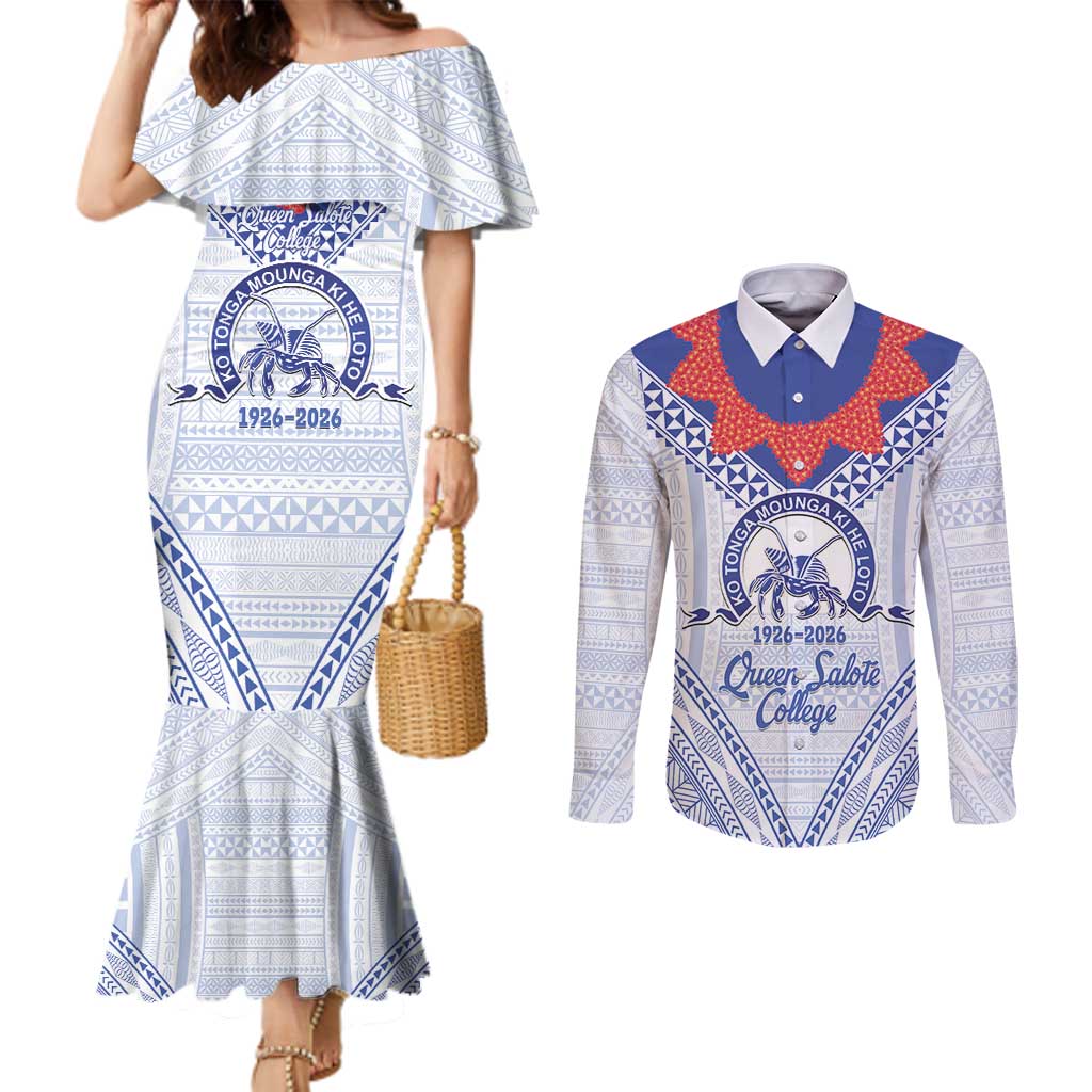 Queen Salote College 100 Years Personalized Couples Matching Mermaid Dress and Long Sleeve Button Shirt Tonga QSC Heilala Lei White Ngatu Pattern