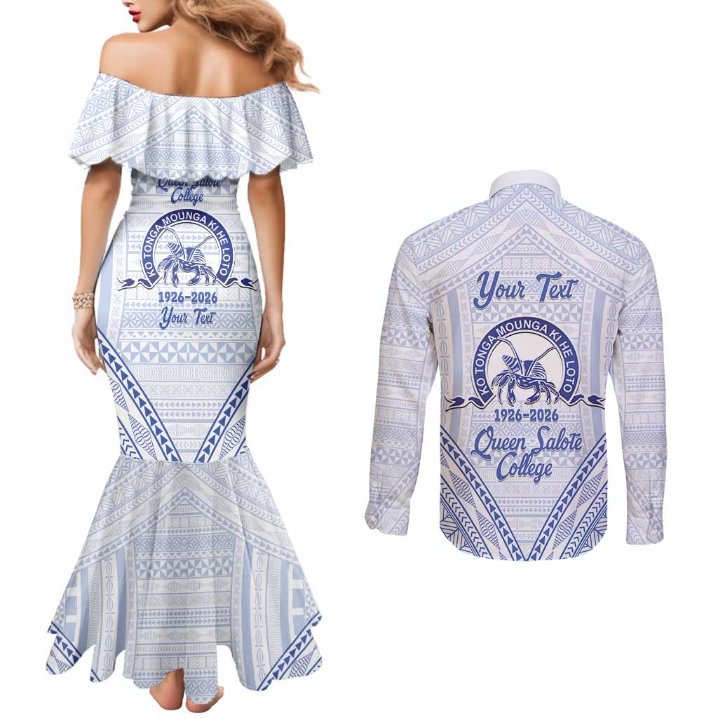 Queen Salote College 100 Years Personalized Couples Matching Mermaid Dress and Long Sleeve Button Shirt Tonga QSC Heilala Lei White Ngatu Pattern