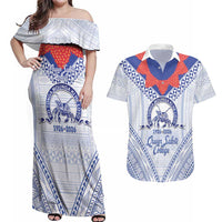 Queen Salote College 100 Years Personalized Couples Matching Off Shoulder Maxi Dress and Hawaiian Shirt Tonga QSC Heilala Lei White Ngatu Pattern