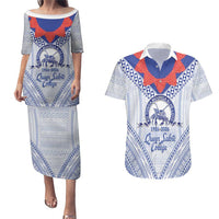 Queen Salote College 100 Years Personalized Couples Matching Puletasi and Hawaiian Shirt Tonga QSC Heilala Lei White Ngatu Pattern LT14 White - Polynesian Pride
