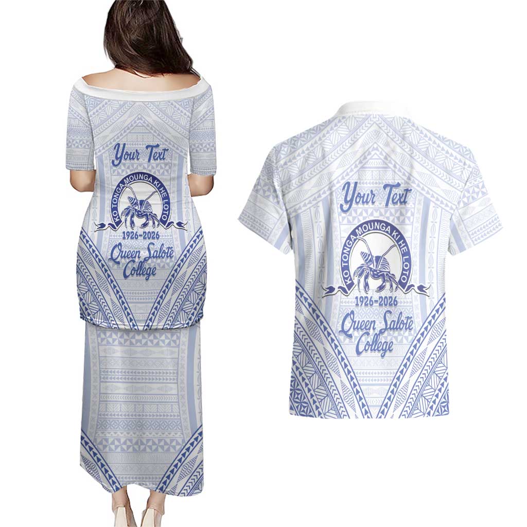 Queen Salote College 100 Years Personalized Couples Matching Puletasi and Hawaiian Shirt Tonga QSC Heilala Lei White Ngatu Pattern LT14 - Polynesian Pride