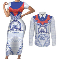 Queen Salote College 100 Years Personalized Couples Matching Short Sleeve Bodycon Dress and Long Sleeve Button Shirt Tonga QSC Heilala Lei White Ngatu Pattern