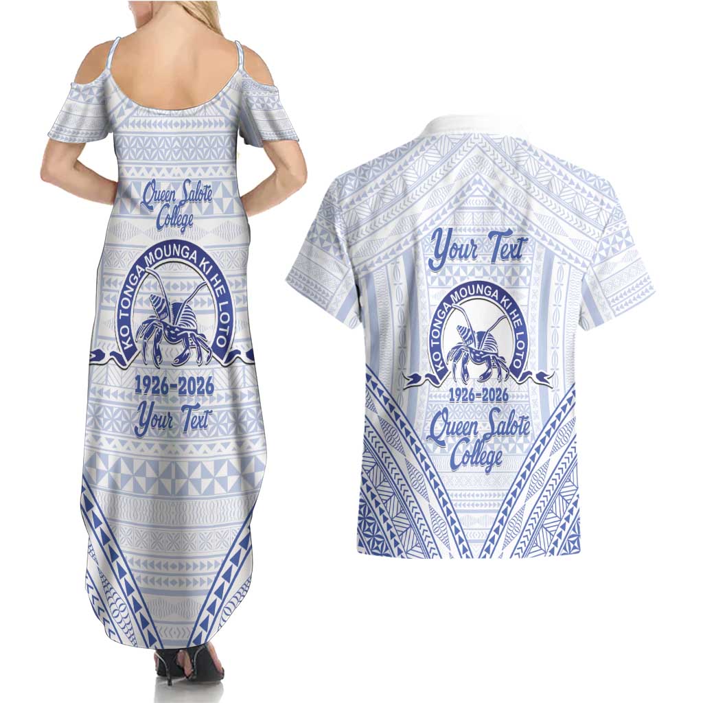 Queen Salote College 100 Years Personalized Couples Matching Summer Maxi Dress and Hawaiian Shirt Tonga QSC Heilala Lei White Ngatu Pattern
