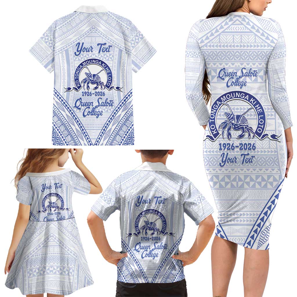 Queen Salote College 100 Years Personalized Family Matching Long Sleeve Bodycon Dress and Hawaiian Shirt Tonga QSC Heilala Lei White Ngatu Pattern