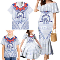 Queen Salote College 100 Years Personalized Family Matching Mermaid Dress and Hawaiian Shirt Tonga QSC Heilala Lei White Ngatu Pattern