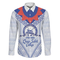 Queen Salote College 100 Years Personalized Family Matching Off The Shoulder Long Sleeve Dress and Hawaiian Shirt Tonga QSC Heilala Lei White Ngatu Pattern
