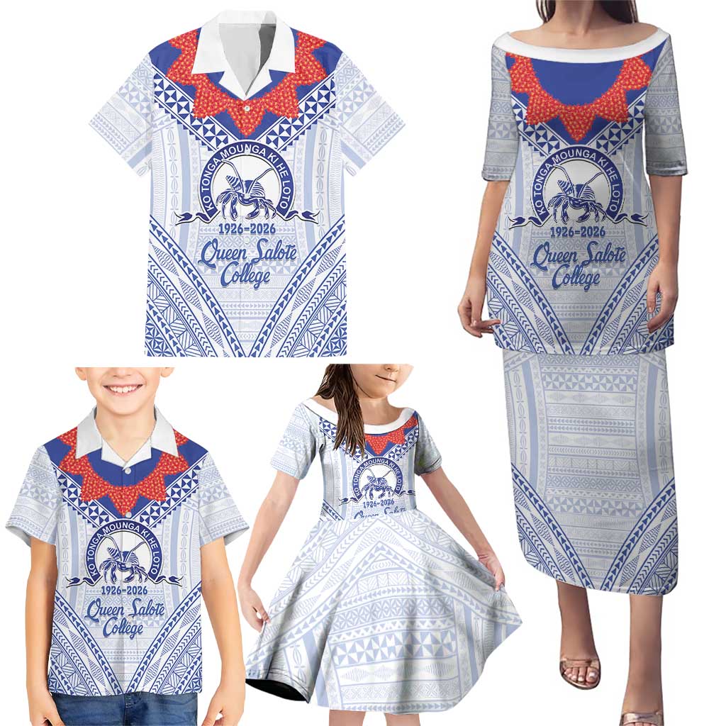 Queen Salote College 100 Years Personalized Family Matching Puletasi and Hawaiian Shirt Tonga QSC Heilala Lei White Ngatu Pattern