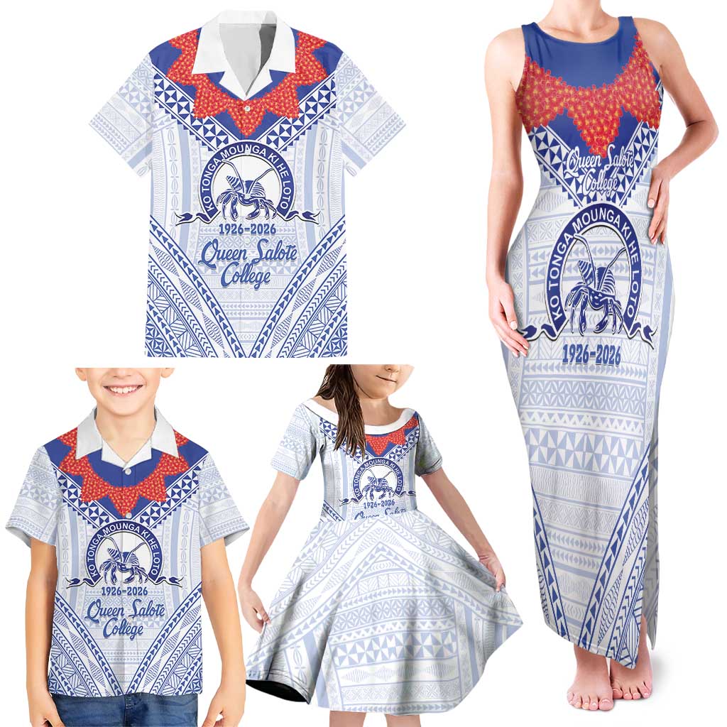 Queen Salote College 100 Years Personalized Family Matching Tank Maxi Dress and Hawaiian Shirt Tonga QSC Heilala Lei White Ngatu Pattern