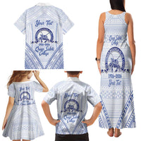 Queen Salote College 100 Years Personalized Family Matching Tank Maxi Dress and Hawaiian Shirt Tonga QSC Heilala Lei White Ngatu Pattern