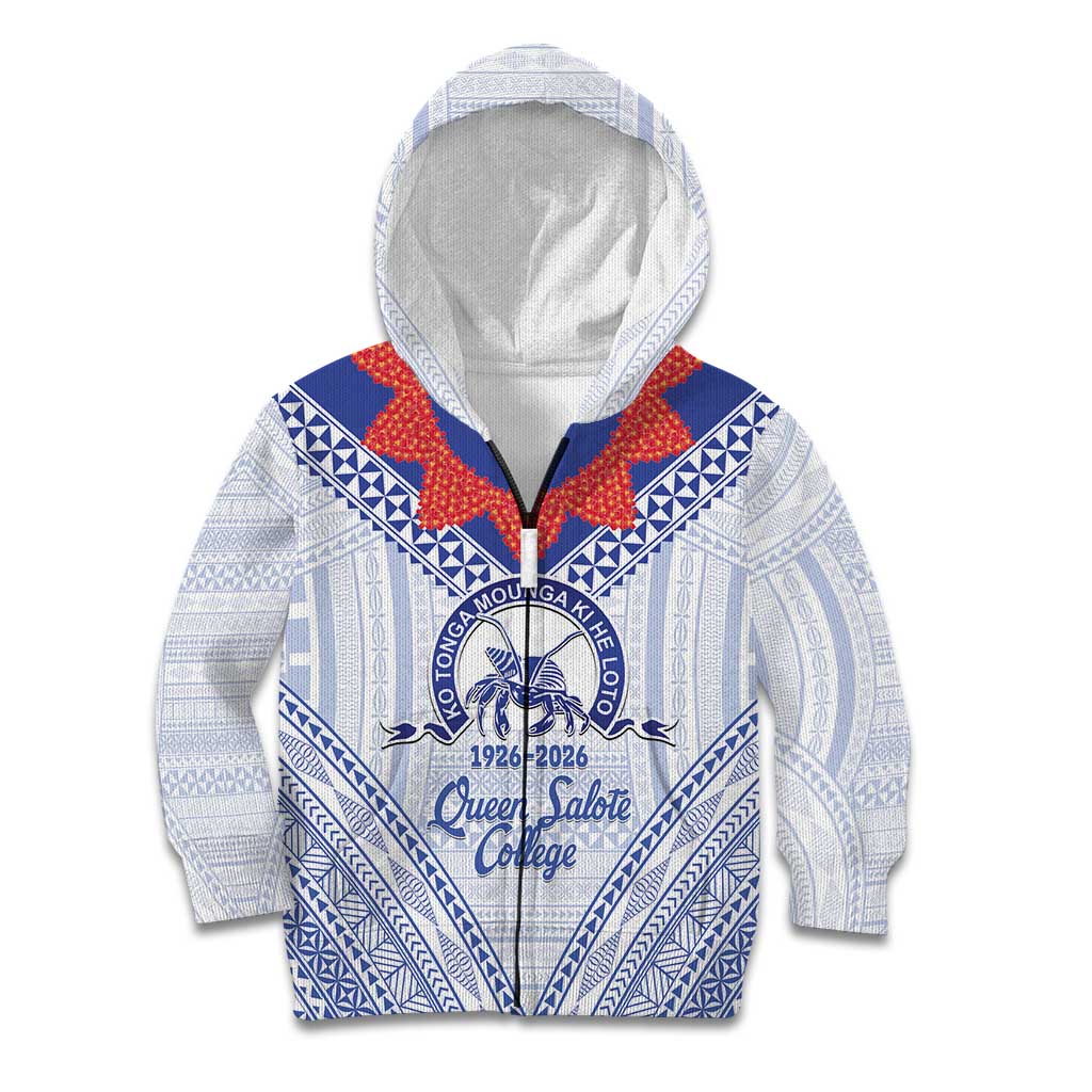 Queen Salote College 100 Years Personalized Kid Hoodie Tonga QSC Heilala Lei White Ngatu Pattern LT14 Zip Hoodie White - Polynesian Pride