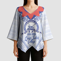 Queen Salote College 100 Years Personalized Kimono Sleeve Blouse Tonga QSC Heilala Lei White Ngatu Pattern LT14 - Polynesian Pride