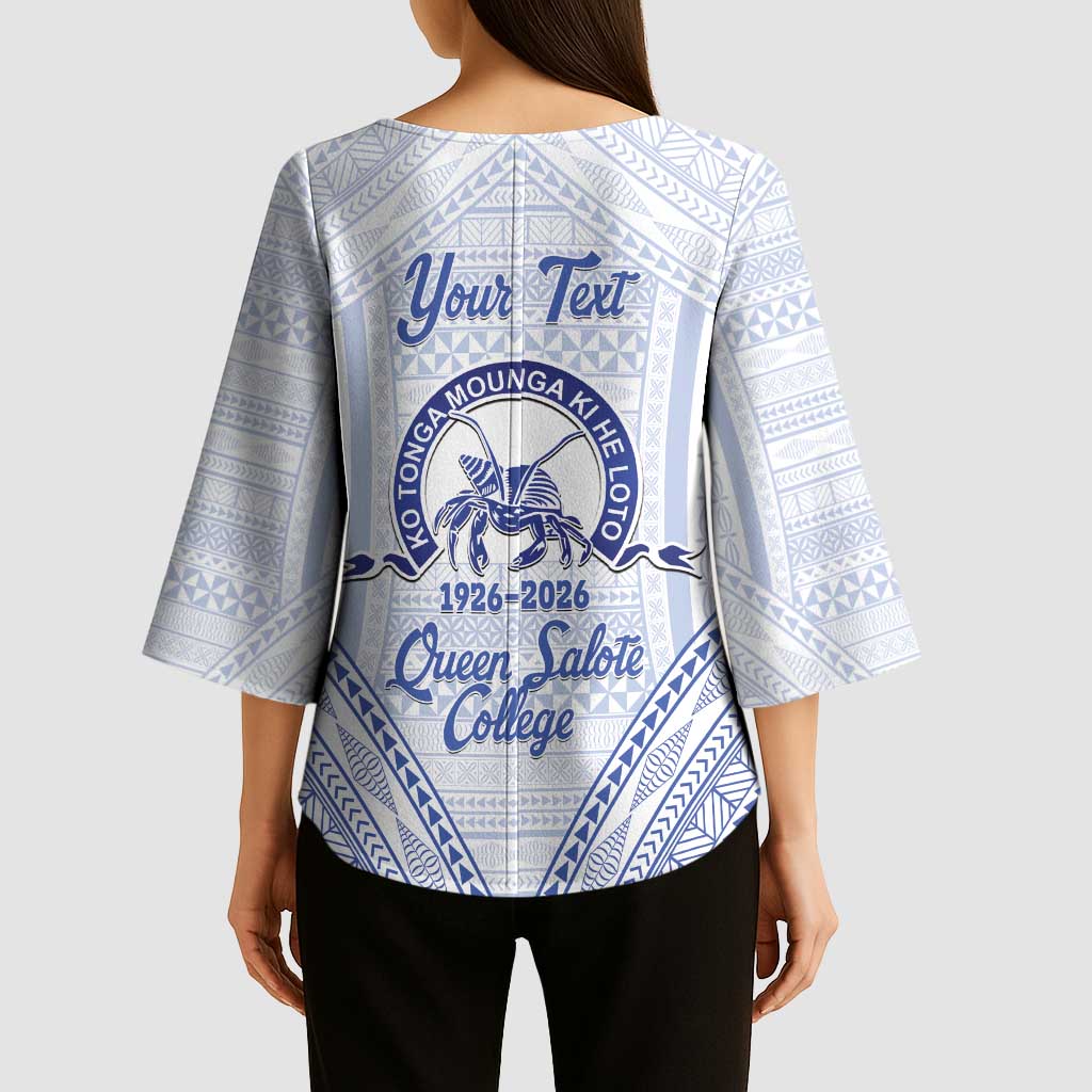 Queen Salote College 100 Years Personalized Kimono Sleeve Blouse Tonga QSC Heilala Lei White Ngatu Pattern LT14 - Polynesian Pride
