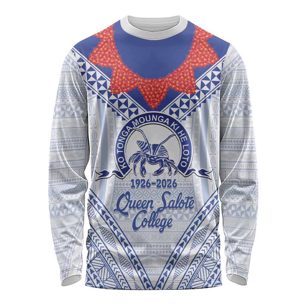 Queen Salote College 100 Years Personalized Long Sleeve Shirt Tonga QSC Heilala Lei White Ngatu Pattern LT14 Unisex White - Polynesian Pride