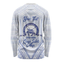 Queen Salote College 100 Years Personalized Long Sleeve Shirt Tonga QSC Heilala Lei White Ngatu Pattern LT14 - Polynesian Pride