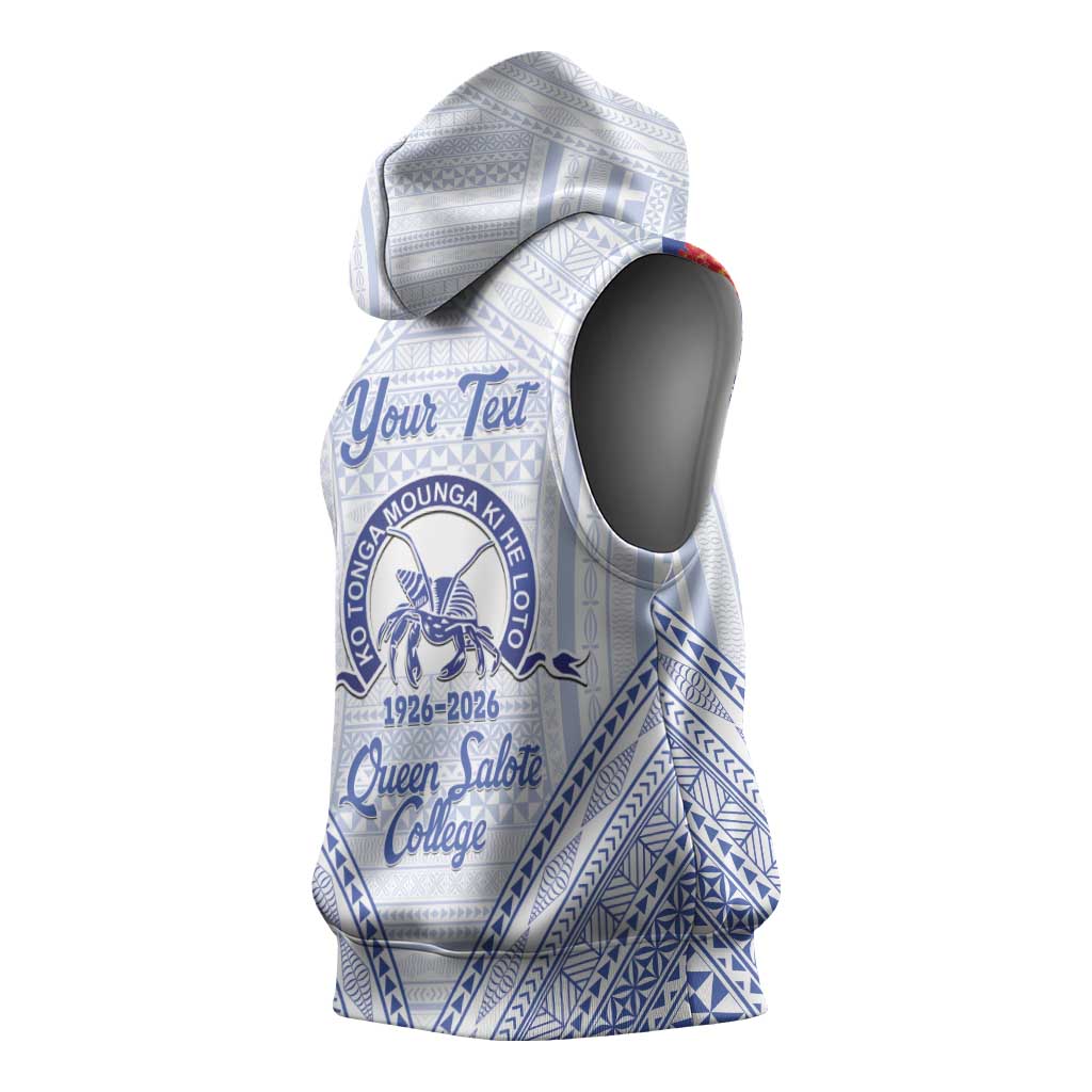 Queen Salote College 100 Years Personalized Sleeveless Hoodie Tonga QSC Heilala Lei White Ngatu Pattern