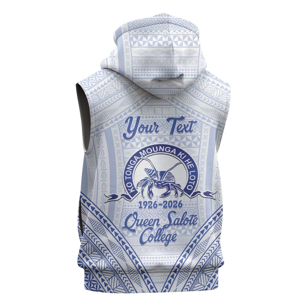 Queen Salote College 100 Years Personalized Sleeveless Zip Hoodie Tonga QSC Heilala Lei White Ngatu Pattern