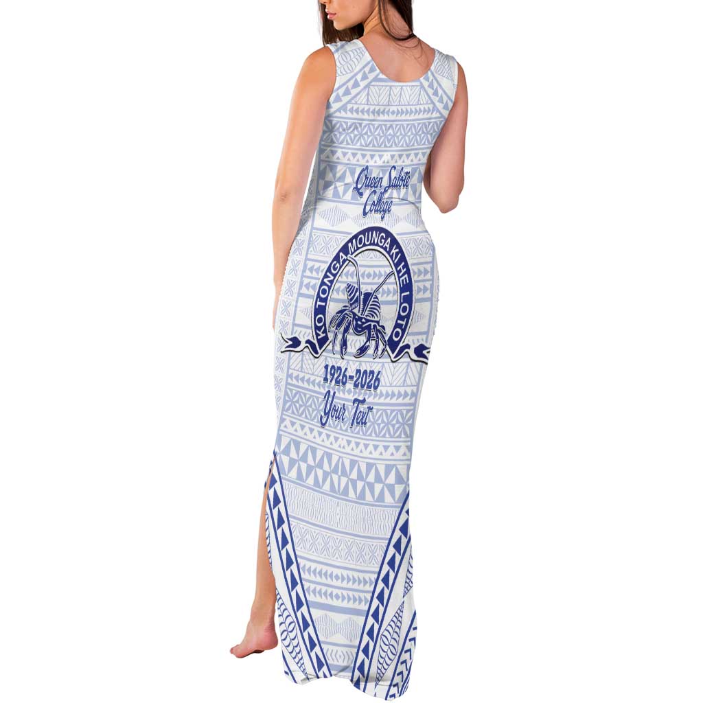 Queen Salote College 100 Years Personalized Tank Maxi Dress Tonga QSC Heilala Lei White Ngatu Pattern