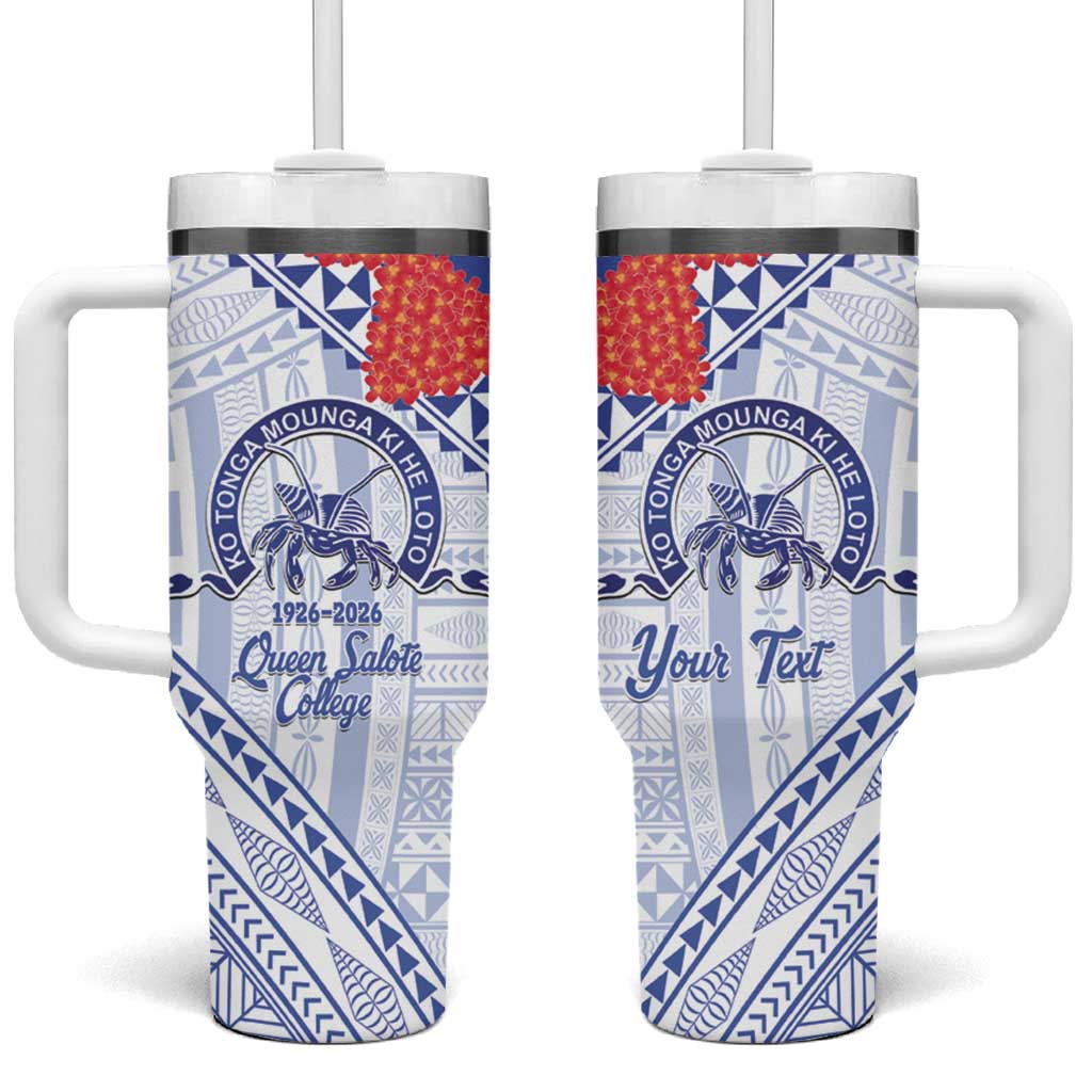 Queen Salote College 100 Years Personalized Tumbler With Handle Tonga QSC Heilala Lei White Ngatu Pattern LT14 One Size: 40 oz White - Polynesian Pride