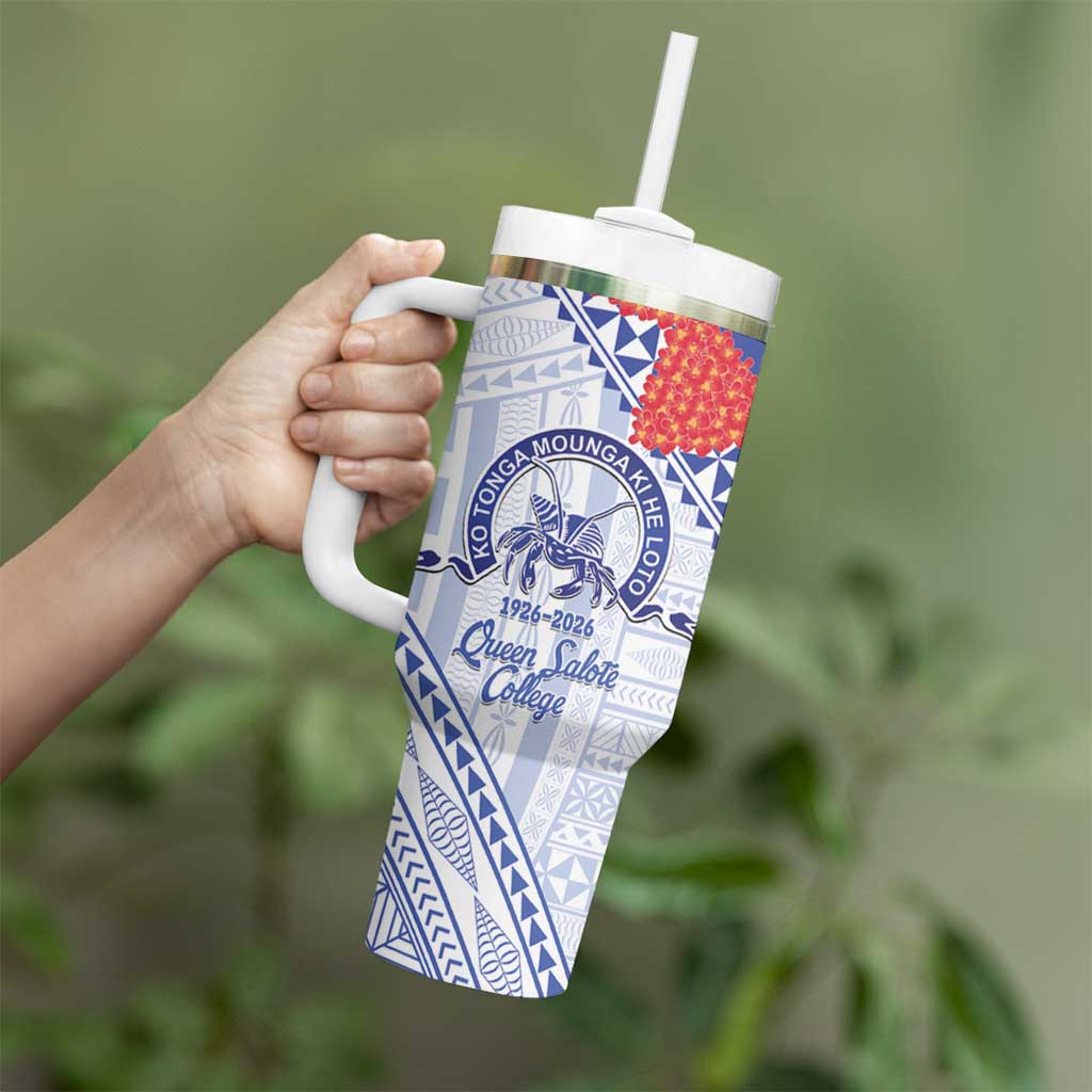 Queen Salote College 100 Years Personalized Tumbler With Handle Tonga QSC Heilala Lei White Ngatu Pattern LT14 - Polynesian Pride