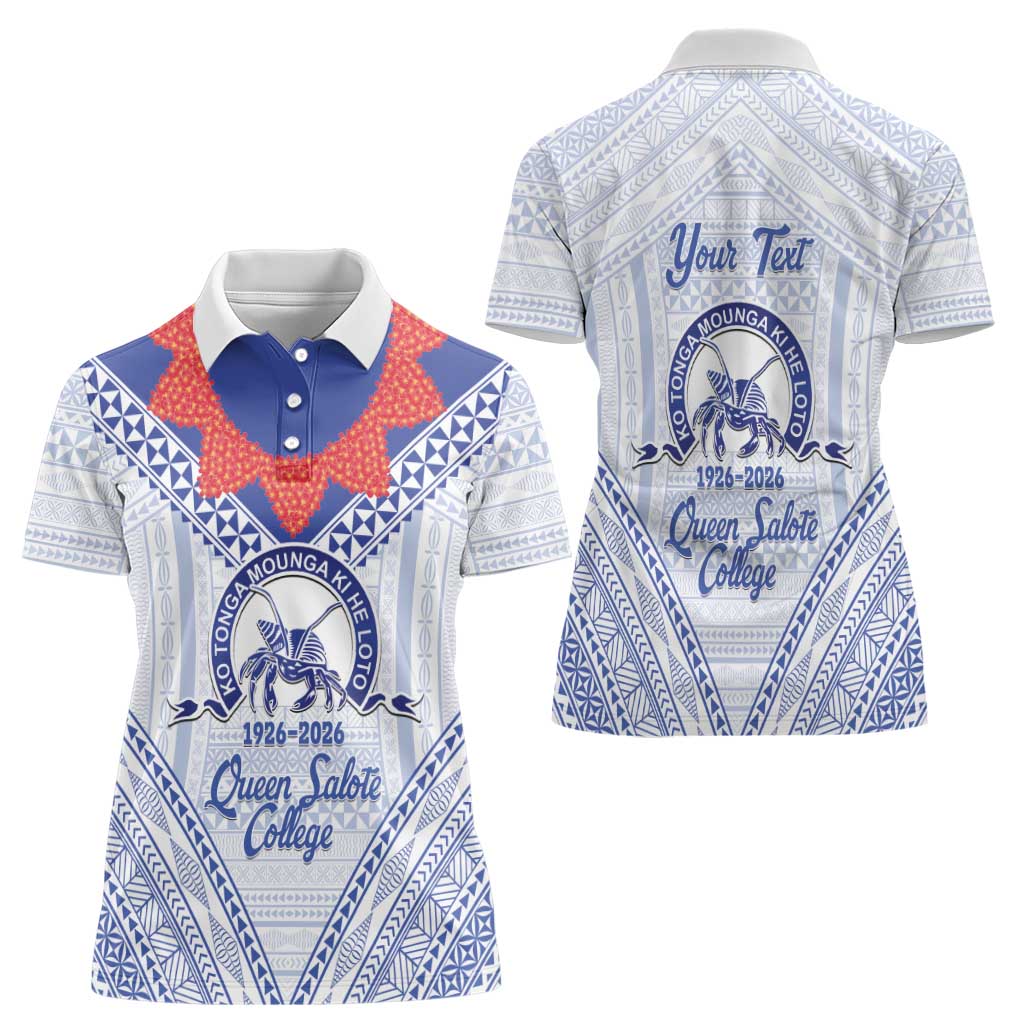 Queen Salote College 100 Years Personalized Women Polo Shirt Tonga QSC Heilala Lei White Ngatu Pattern