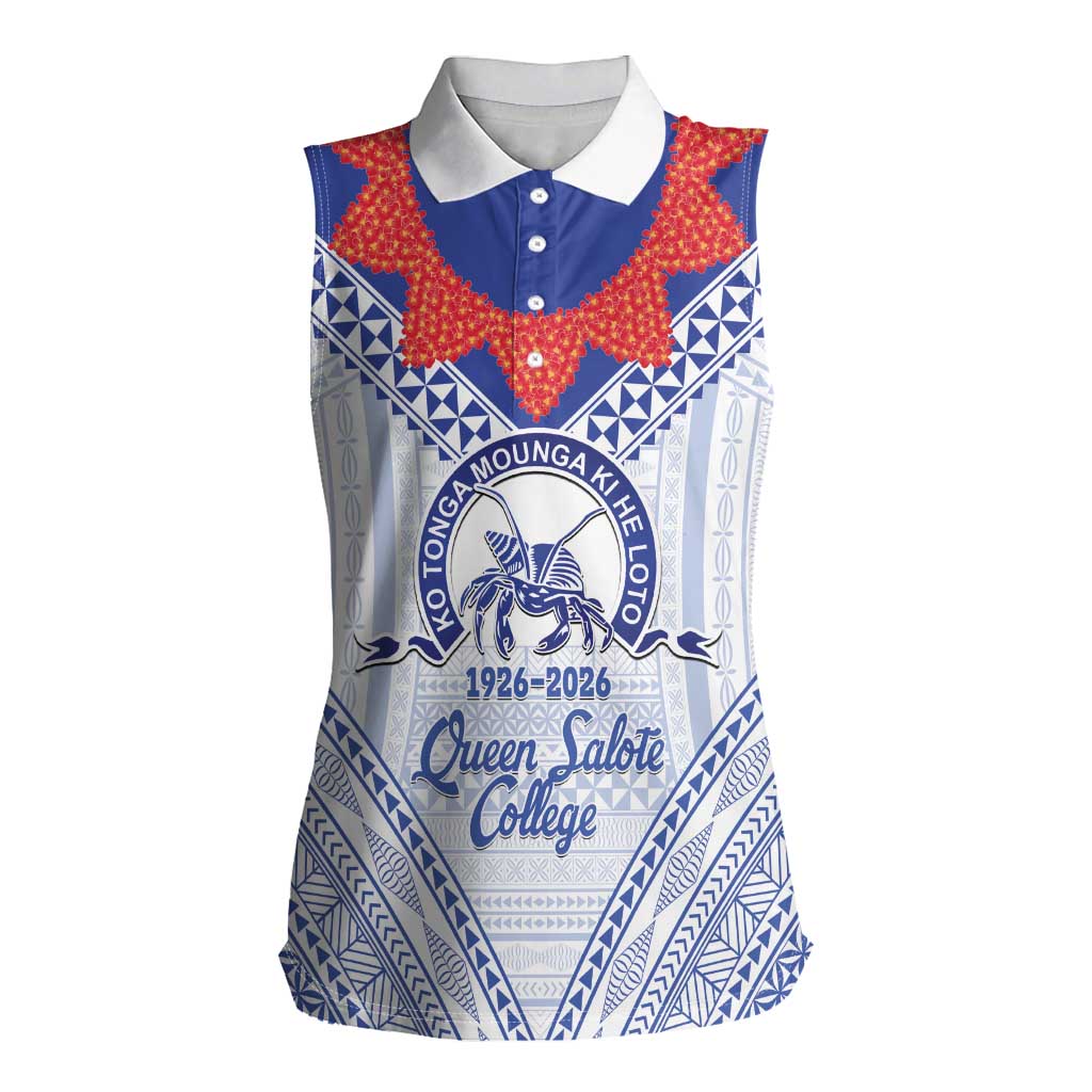 Queen Salote College 100 Years Personalized Women Sleeveless Polo Shirt Tonga QSC Heilala Lei White Ngatu Pattern LT14 Female White - Polynesian Pride