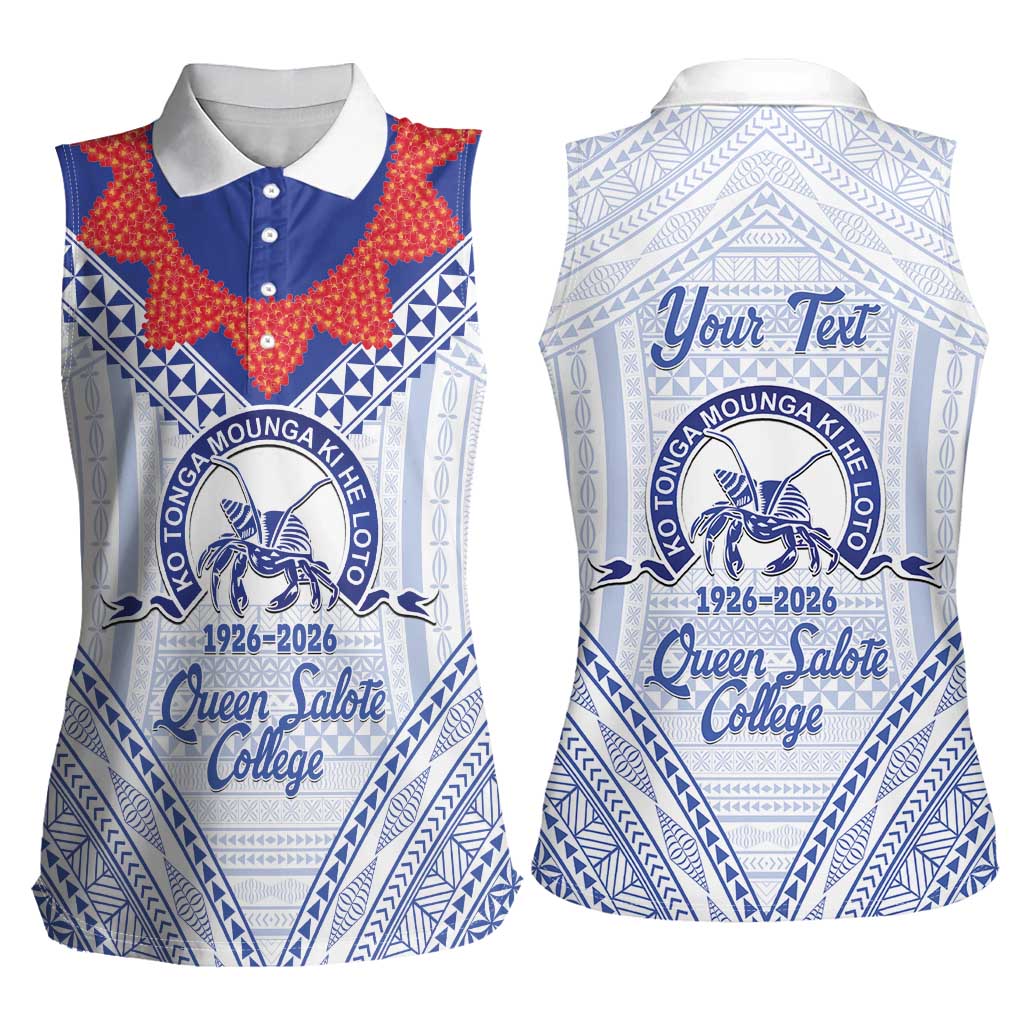 Queen Salote College 100 Years Personalized Women Sleeveless Polo Shirt Tonga QSC Heilala Lei White Ngatu Pattern LT14 - Polynesian Pride