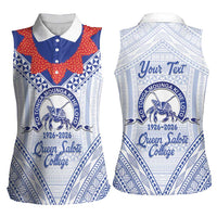Queen Salote College 100 Years Personalized Women Sleeveless Polo Shirt Tonga QSC Heilala Lei White Ngatu Pattern LT14 - Polynesian Pride