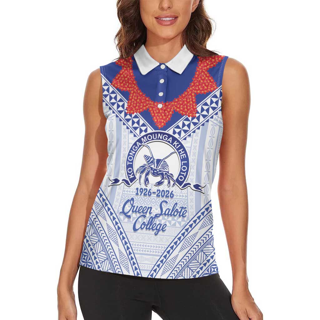 Queen Salote College 100 Years Personalized Women Sleeveless Polo Shirt Tonga QSC Heilala Lei White Ngatu Pattern LT14 - Polynesian Pride