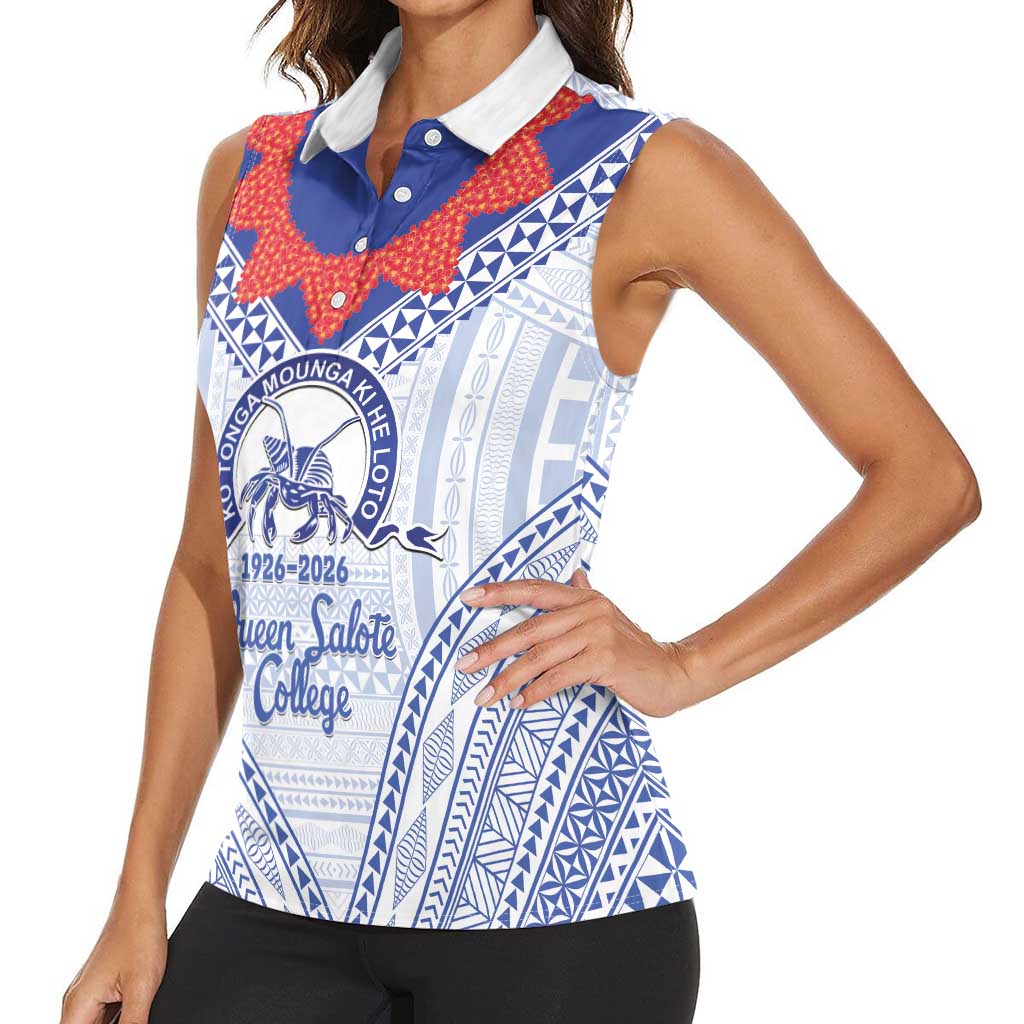 Queen Salote College 100 Years Personalized Women Sleeveless Polo Shirt Tonga QSC Heilala Lei White Ngatu Pattern LT14 - Polynesian Pride