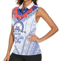 Queen Salote College 100 Years Personalized Women Sleeveless Polo Shirt Tonga QSC Heilala Lei White Ngatu Pattern LT14 - Polynesian Pride
