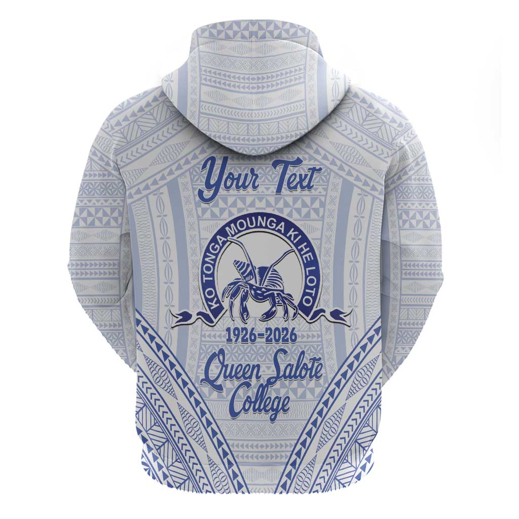 Queen Salote College 100 Years Personalized Zip Hoodie Tonga QSC Heilala Lei White Ngatu Pattern