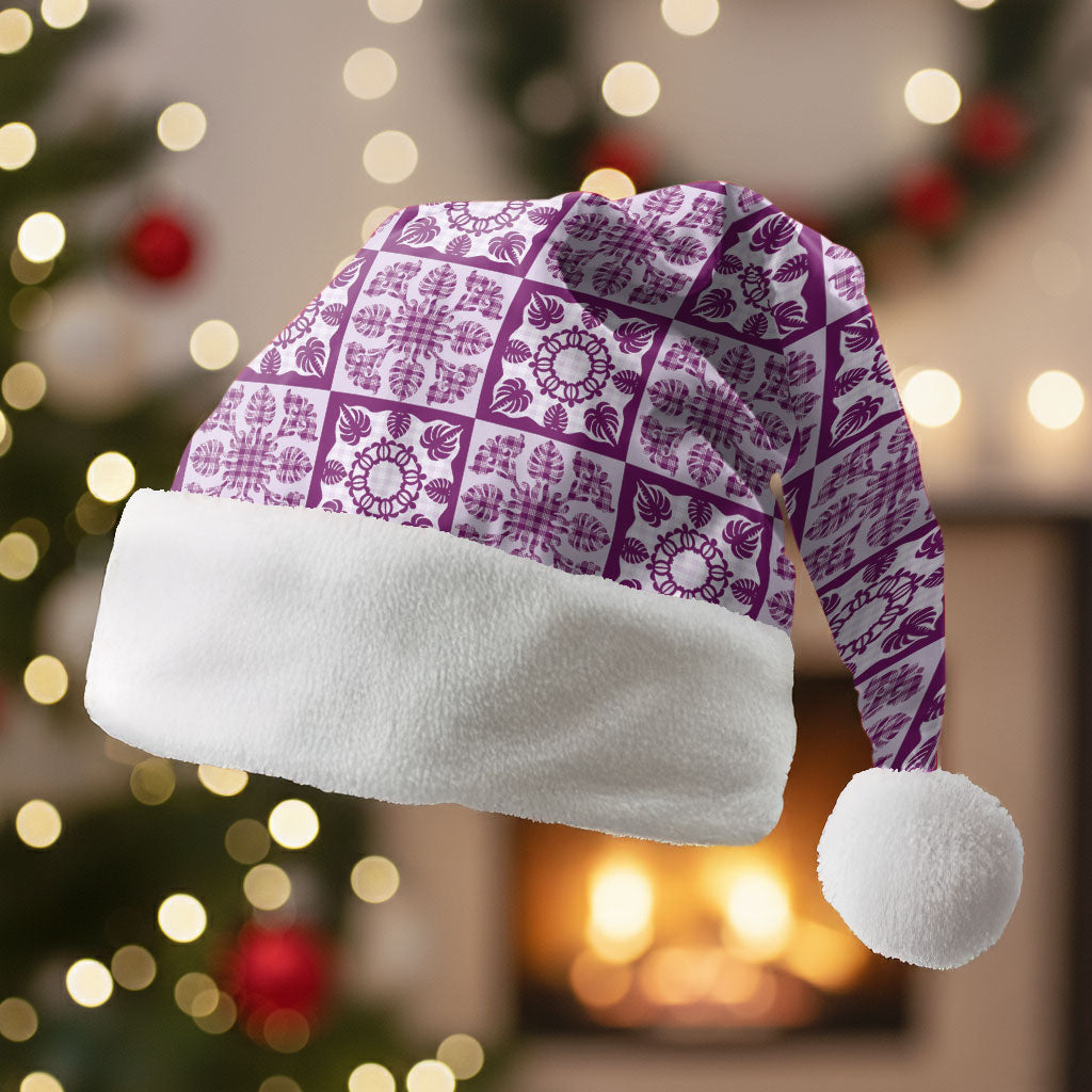 Poni Palaka Quilt Hawaii Christmas Santa Hat Hawaiian Tropical Monstera Sea Turtle LT14 Without Fur Purple - Polynesian Pride