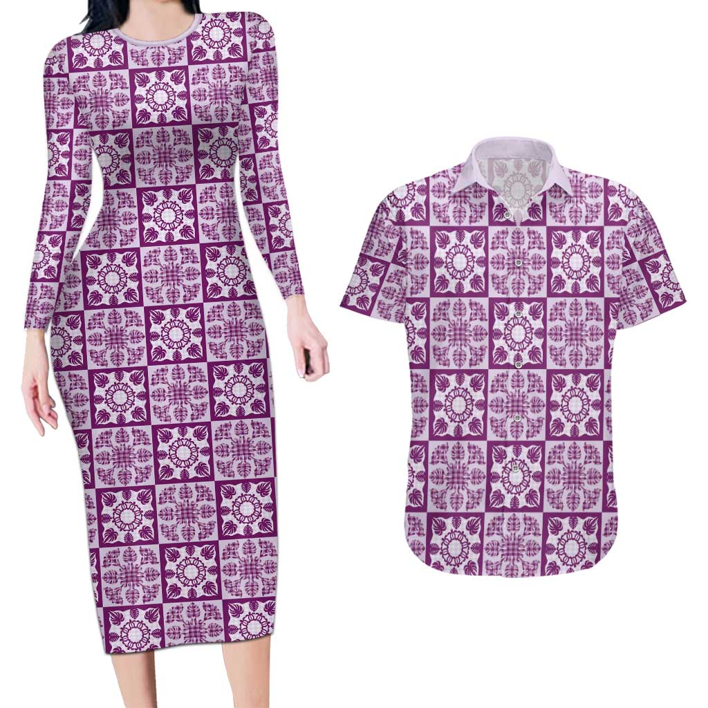 Poni Palaka Quilt Hawaii Couples Matching Long Sleeve Bodycon Dress and Hawaiian Shirt Hawaiian Tropical Monstera Sea Turtle