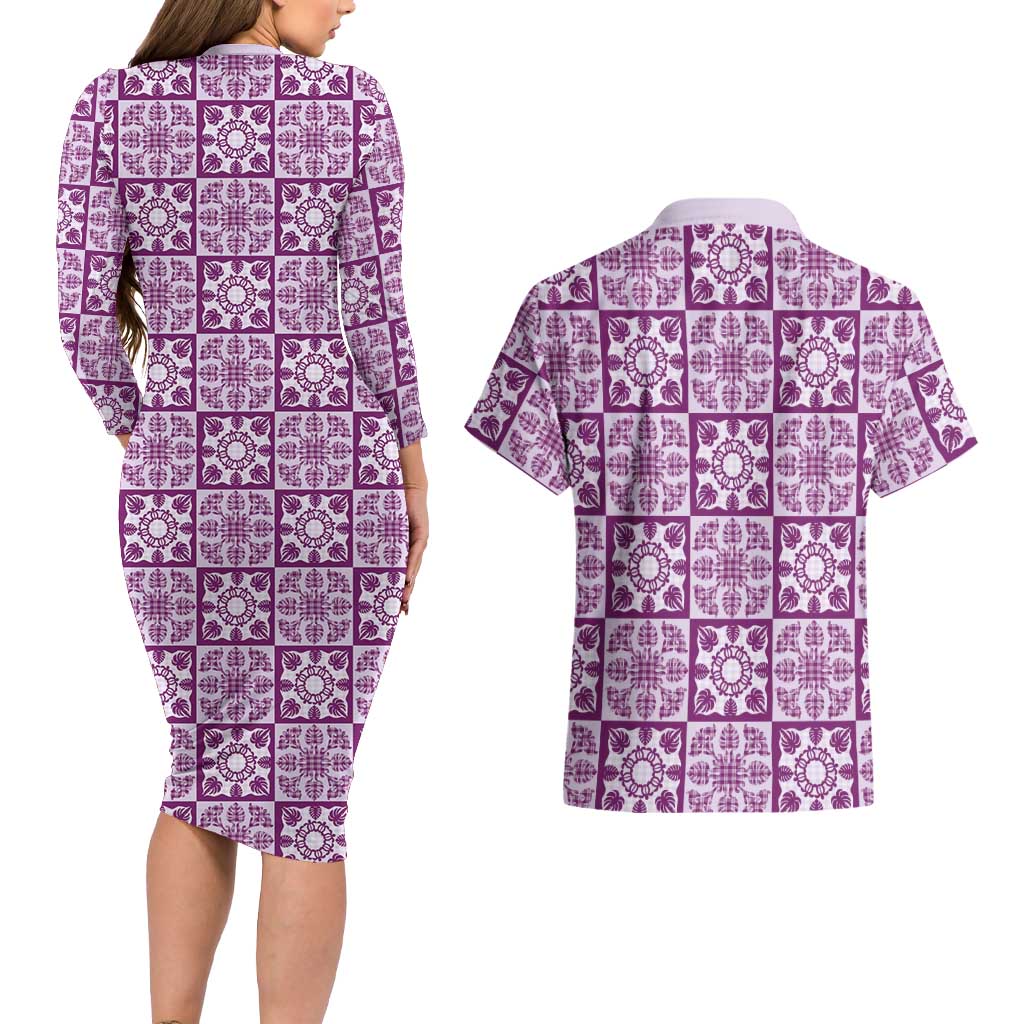 Poni Palaka Quilt Hawaii Couples Matching Long Sleeve Bodycon Dress and Hawaiian Shirt Hawaiian Tropical Monstera Sea Turtle