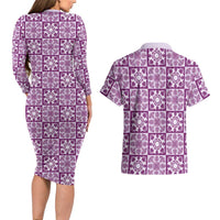 Poni Palaka Quilt Hawaii Couples Matching Long Sleeve Bodycon Dress and Hawaiian Shirt Hawaiian Tropical Monstera Sea Turtle