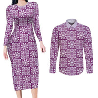 Poni Palaka Quilt Hawaii Couples Matching Long Sleeve Bodycon Dress and Long Sleeve Button Shirt Hawaiian Tropical Monstera Sea Turtle