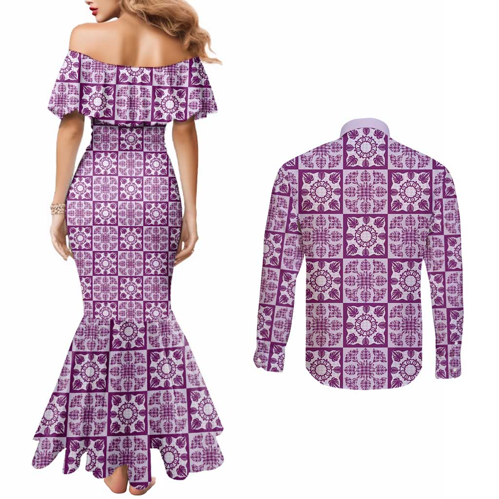 Poni Palaka Quilt Hawaii Couples Matching Mermaid Dress and Long Sleeve Button Shirt Hawaiian Tropical Monstera Sea Turtle