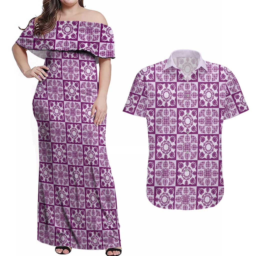 Poni Palaka Quilt Hawaii Couples Matching Off Shoulder Maxi Dress and Hawaiian Shirt Hawaiian Tropical Monstera Sea Turtle